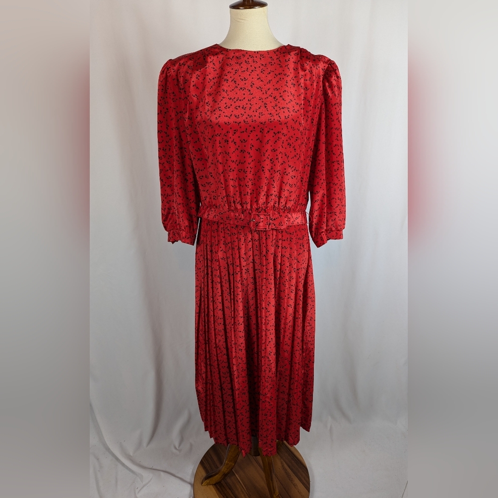 Lady Carol 80s Vtg Secretary Dress Belted Midi Red Floral Pleated Swing Skirt